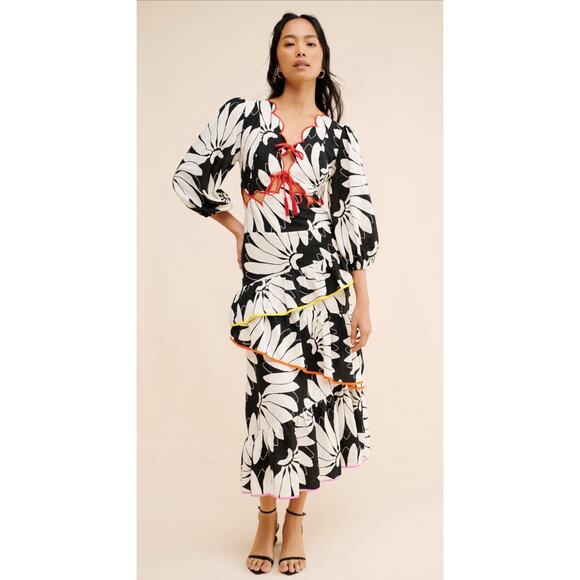 Farm RIO Medium Floral Cut-Out Black Tiered Layered Ruffle Tropical Maxi Dress - Picture 1 of 16